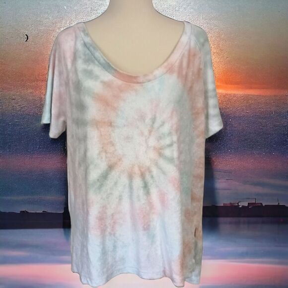 Tie Dye Terry Cloth Top L Relaxed Short Sleeve Beachy Coastal Pastels Hippie - Picture 11 of 16